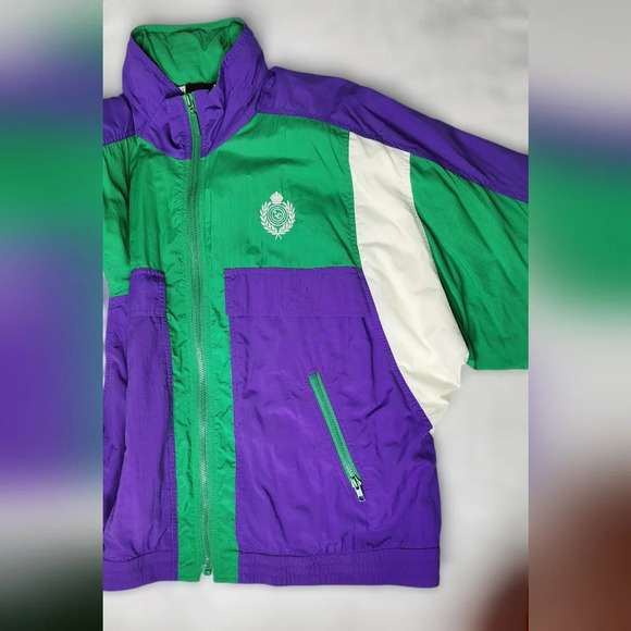 Vtge Retro Liz Sport Colorblock Green Purple Windbreaker Jacket  Size L - Picture 10 of 13
